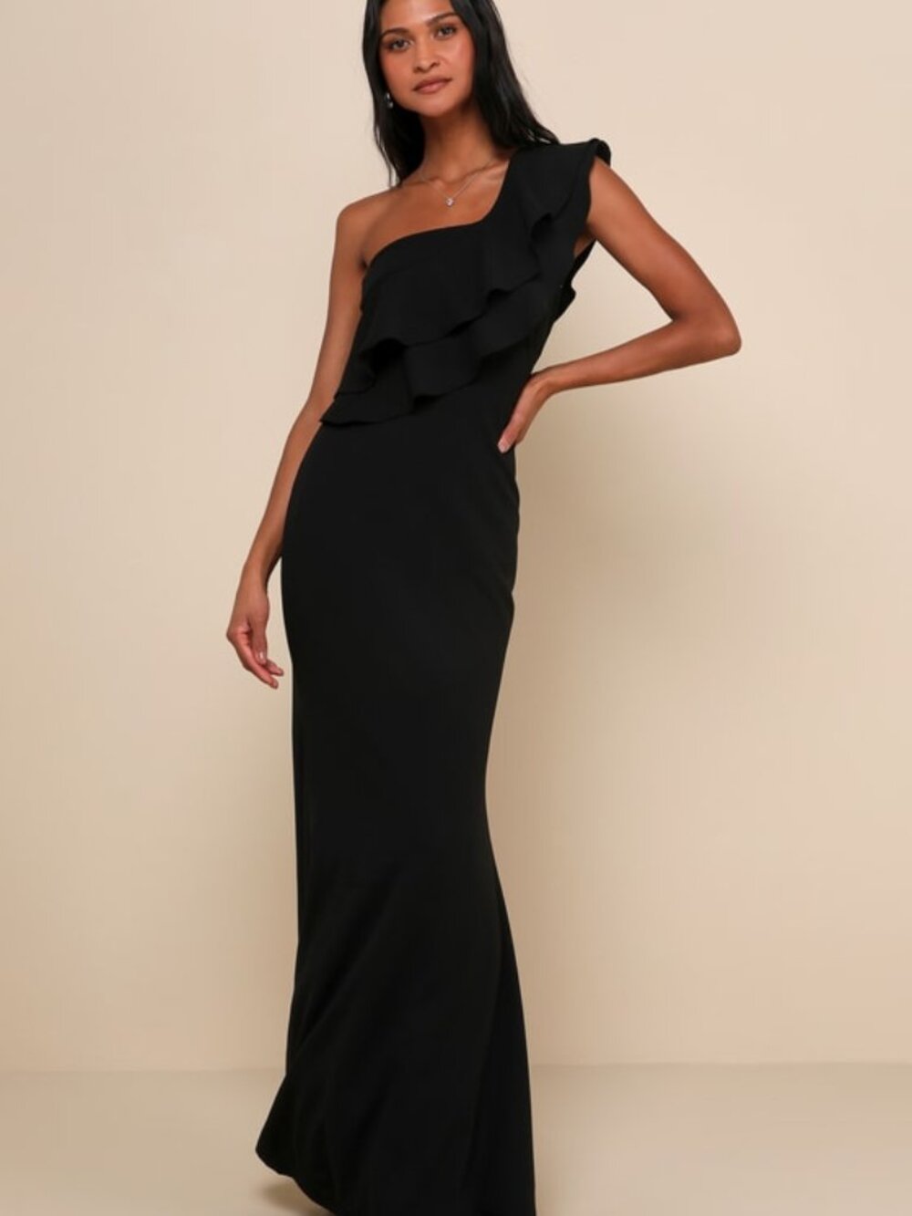 Lulus Grand Beauty Black Ruffled One-shoulder Mermaid Maxi Dress - Size S